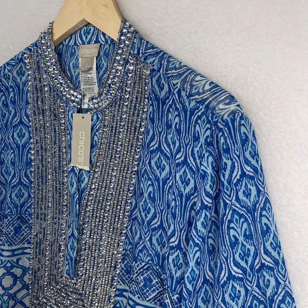 CHICOS Tunic 3 XL Chiffon Seaside Scroll Kurta Embellished Long Sleeve Blue NEW - Picture 2 of 14